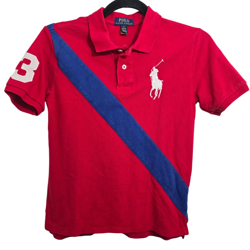 Polo Ralph Lauren Boys Red Big Pony Sash Polo Shirt Size M 10-12 Blue Stripe